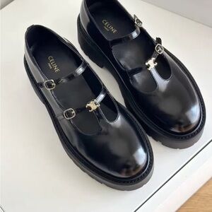 Celine Black Patent Double-Strap Mary Jane Loafers with Gold Triomphe